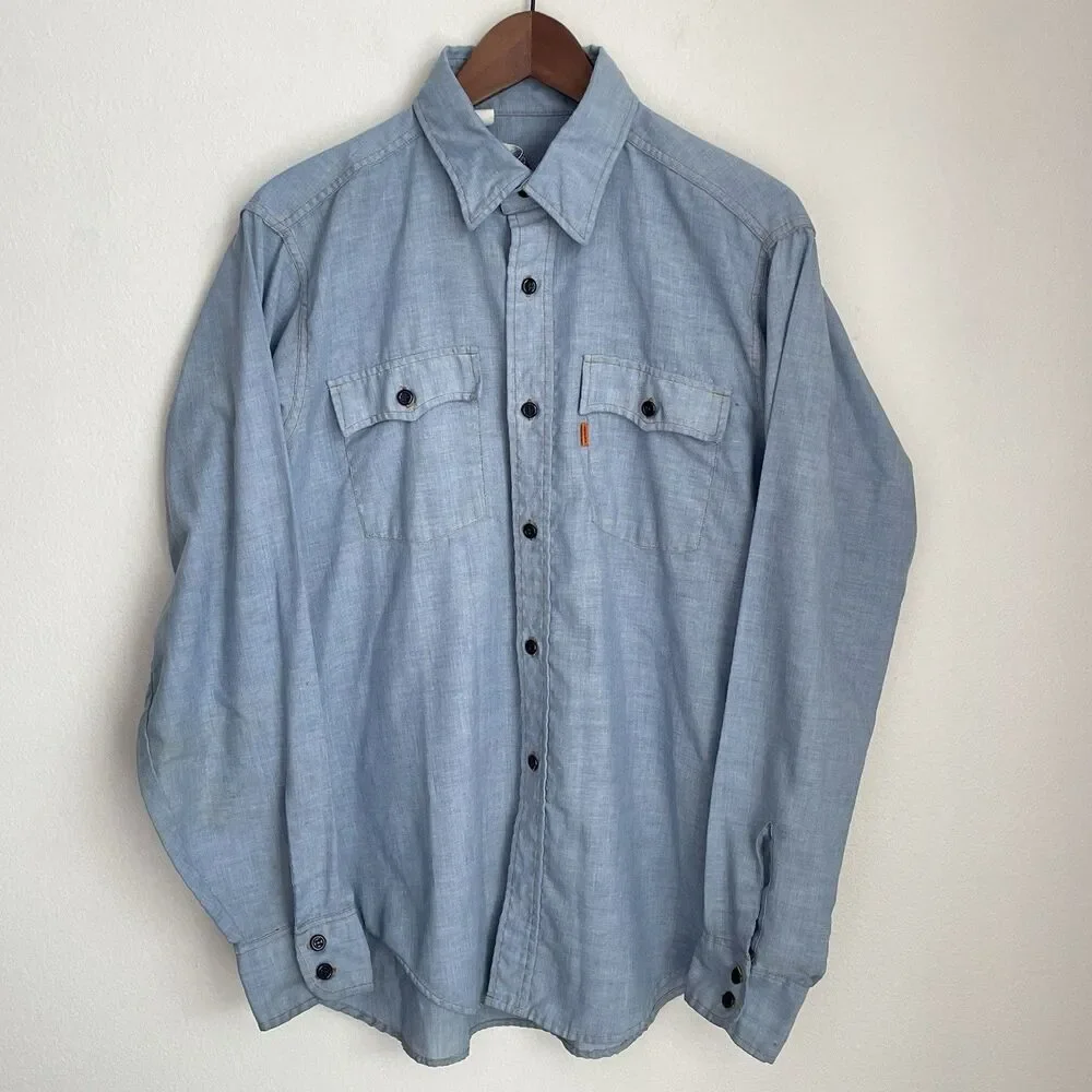 VTG 70s Levi’s Chambray Orange Tab Men’s Work Shirt Sky Blue Cotton Blend Large
